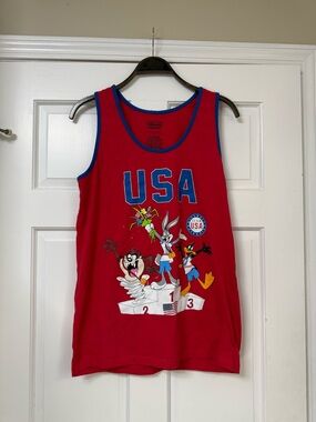 Warner Bros. Red USA Tank Top with Blue Trim and Looney Tunes Podium Graphic